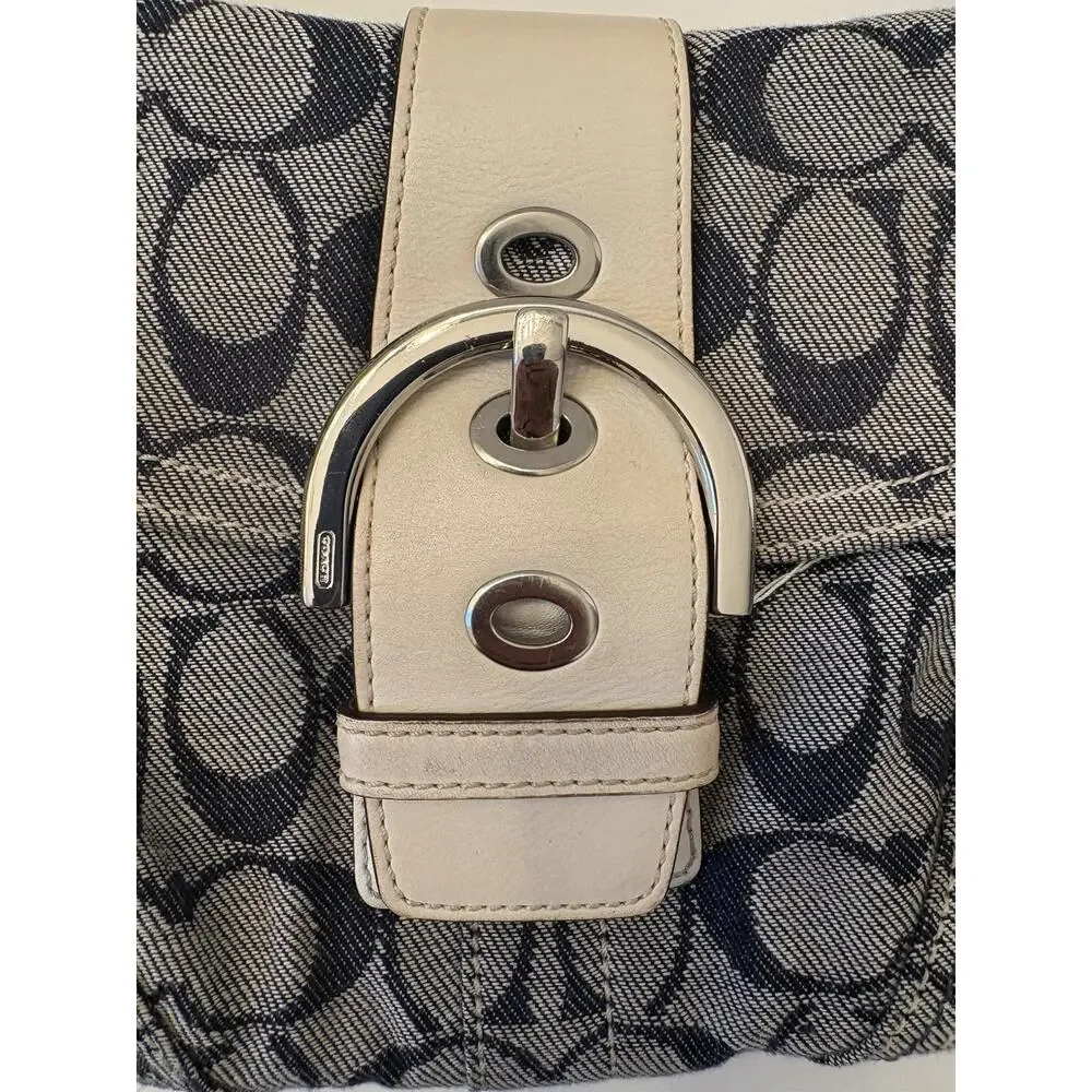 Vintage Coach Soho Pleated Hobo Blue Signature Jacquard White Leather Y2K